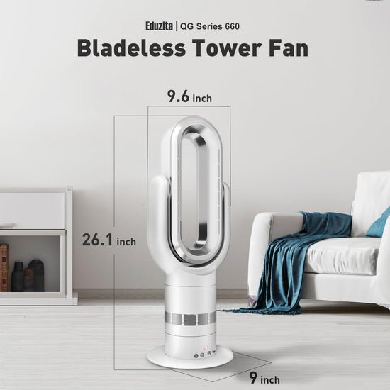GRECOOK QG660 Bladeless Tower Fan, 2-in-1 Heater & Cooling Fan with Remote & Touch Control, 10 Cooling + 3 Heating Modes, Ultra-Quiet DC Motor for Bedroom & Home Office